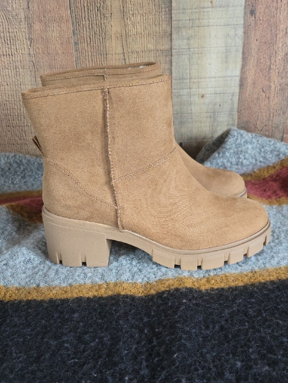 Chunky Lug Heel Suede Ankle Boots in Tan - Picture 4 of 10